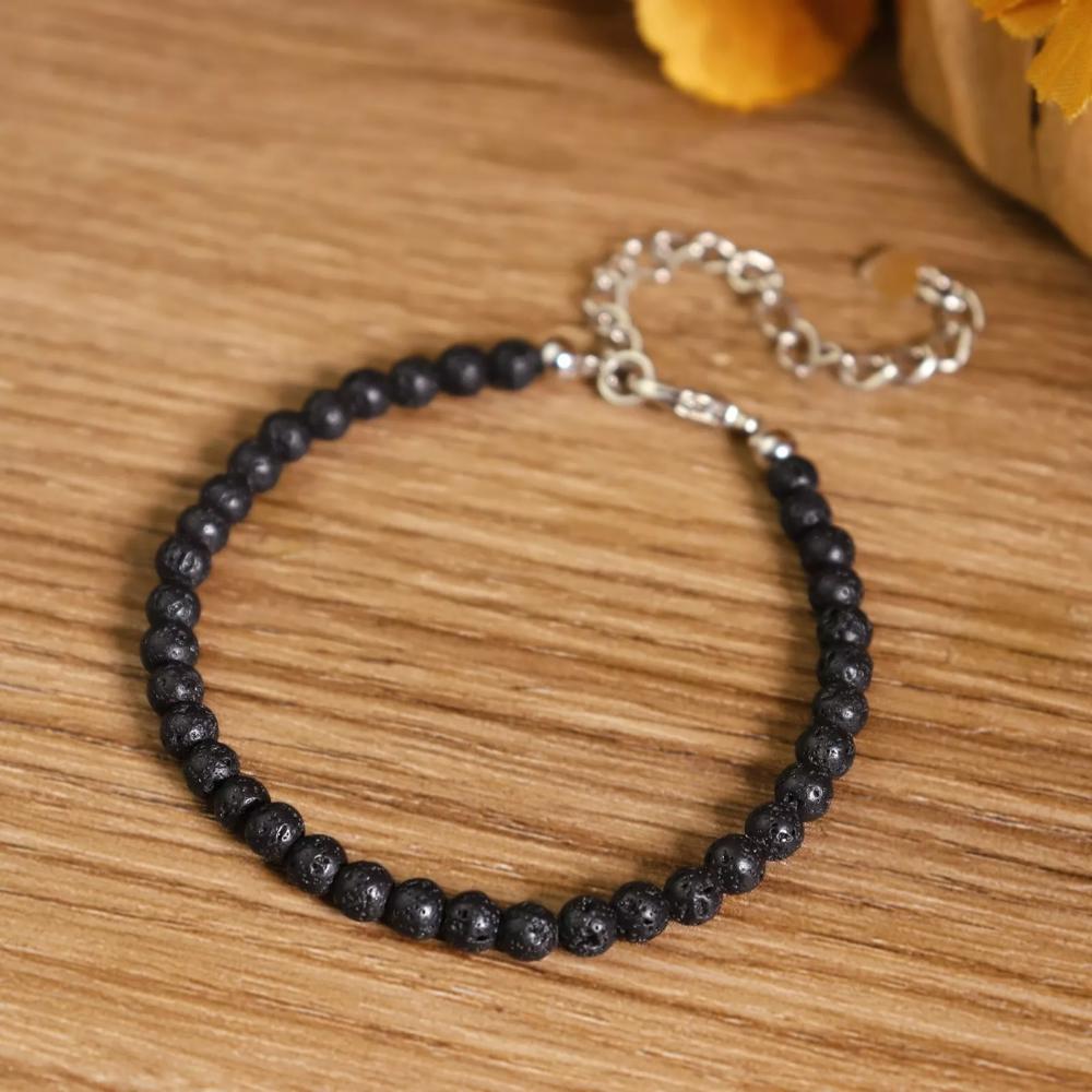 Natural Lava Rocks 4mm Bead Volcanic Stone Healing Women Men Dainty Bracelet