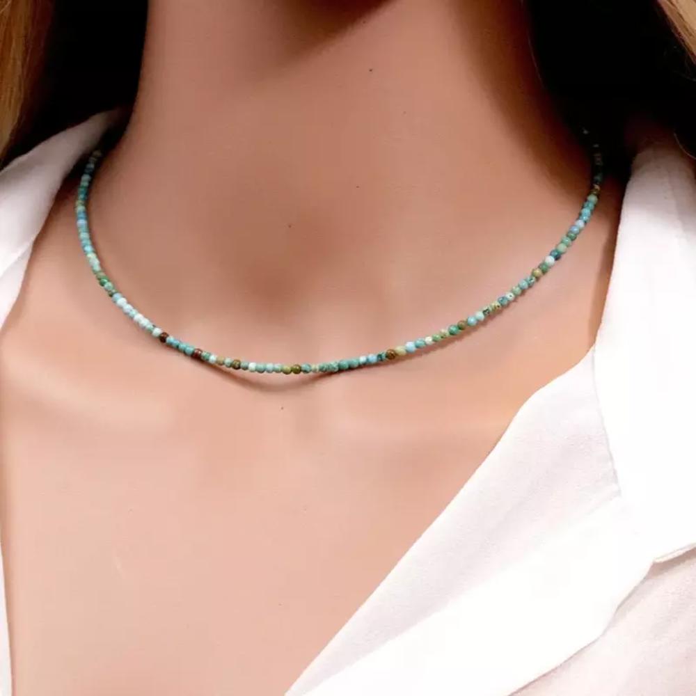 AA+ Grade Turquoise 2mm Beaded Choker Healing Dainty Women Crystal Necklace Gift