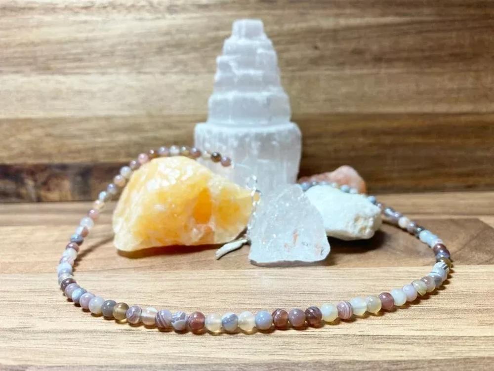 Botswana Agate Round Beaded Choker Healing Dainty Women Men Crystal Necklace