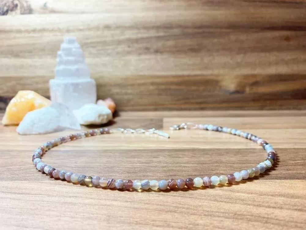 Botswana Agate Round Beaded Choker Healing Dainty Women Men Crystal Necklace