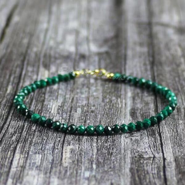 Natural Faceted Malachite Stone Dainty Bracelet