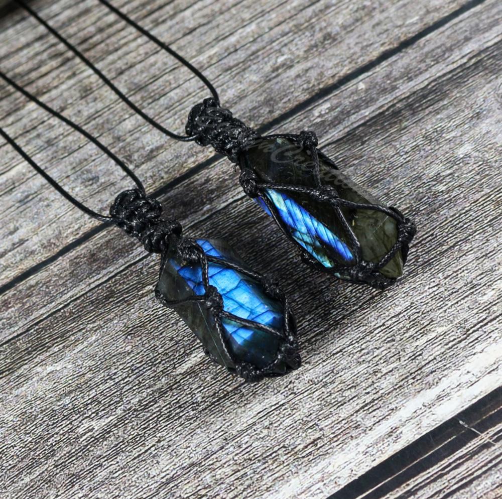 Natural Labradorite Stone Healing Crystal Wrapped Pendant Necklace