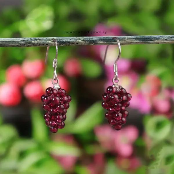 Natural Garnet Stone Grapes Purple Gems Dangle Healing Birthstone Drop Earrings