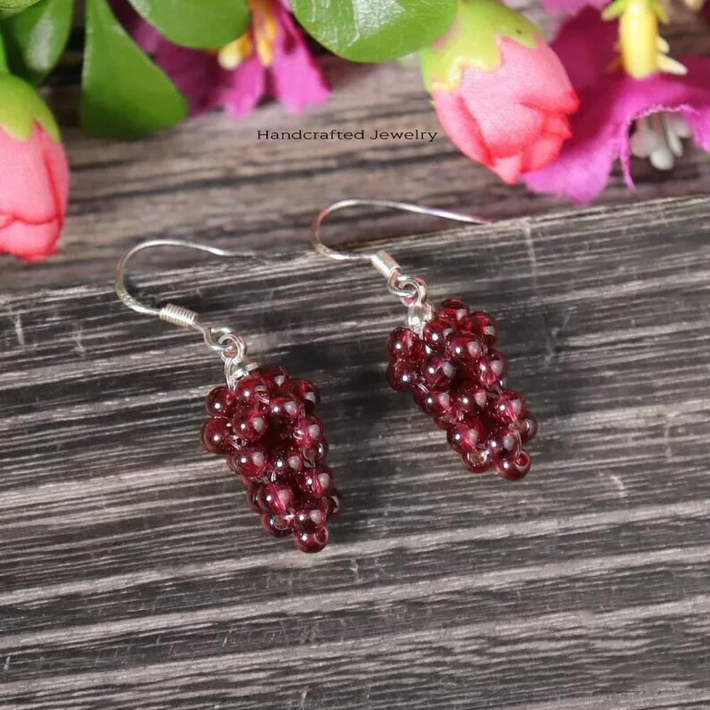 Natural Garnet Stone Grapes Purple Gems Dangle Healing Birthstone Drop Earrings