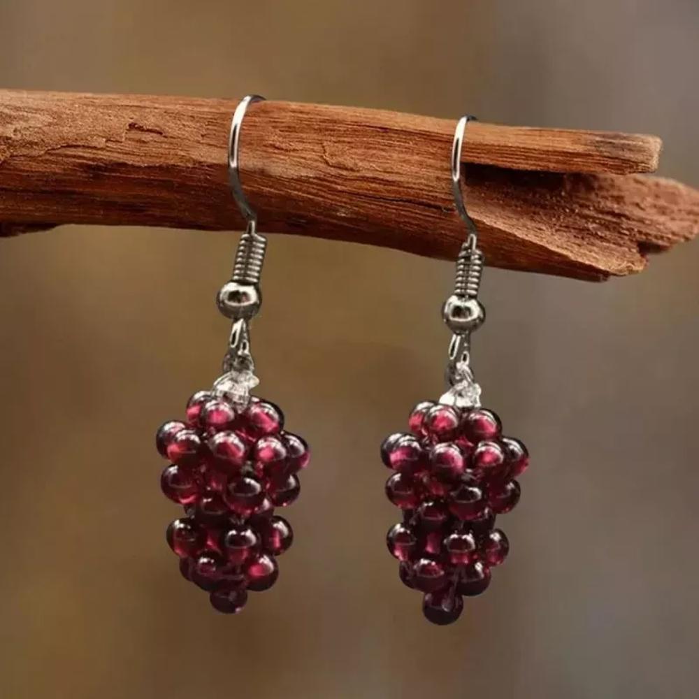 Natural Garnet Stone Grapes Purple Gems Dangle Healing Birthstone Drop Earrings