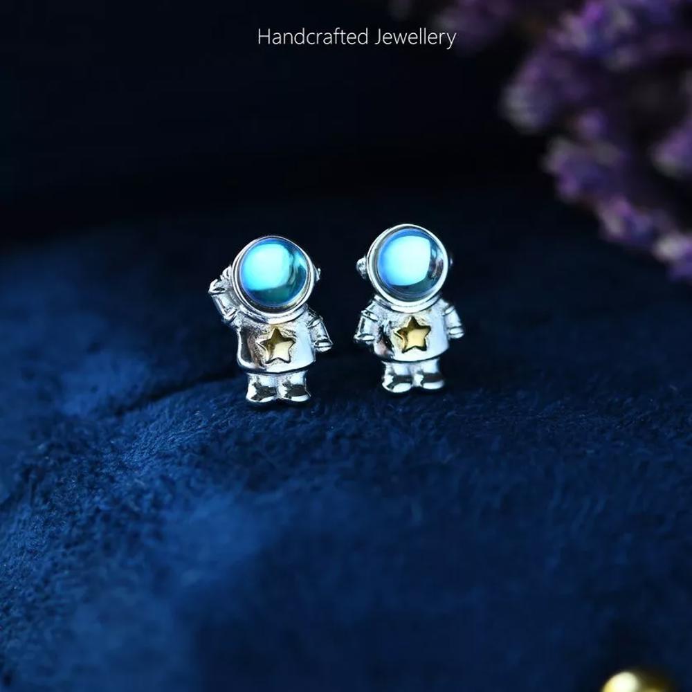 Space 1Stud Earrings Natural Moonstone Crystal Earrings Sterling Silver