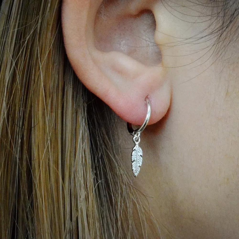 Dainty Feather Earrings 925 Sterling Silver Women Small Hoop Minimalist Earrings