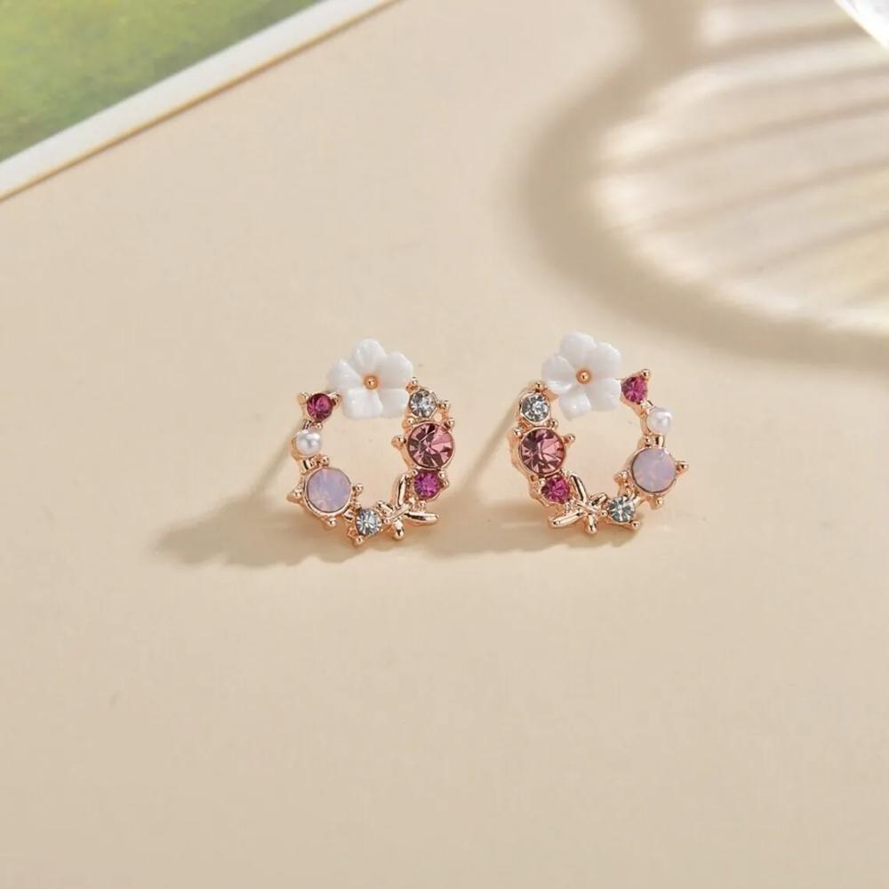 Natural Pearl Crystal Flower Stud Earrings Rose Gold Butterfly Post Earrings