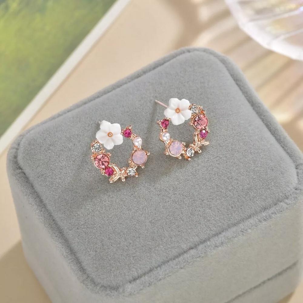 Natural Pearl Crystal Flower Stud Earrings Rose Gold Butterfly Post Earrings