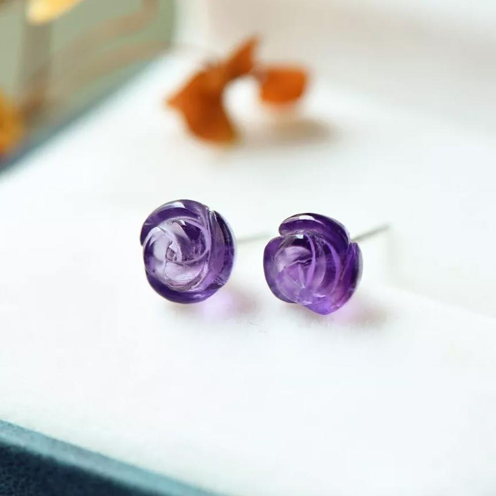 Amethyst Stone Flower Stud Earrings Purple Crystal Post Earrings Sterling Silver