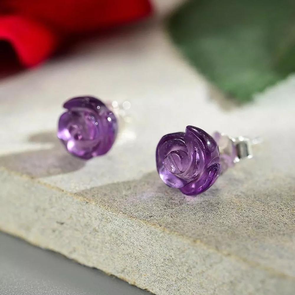 Amethyst Stone Flower Stud Earrings Purple Crystal Post Earrings Sterling Silver