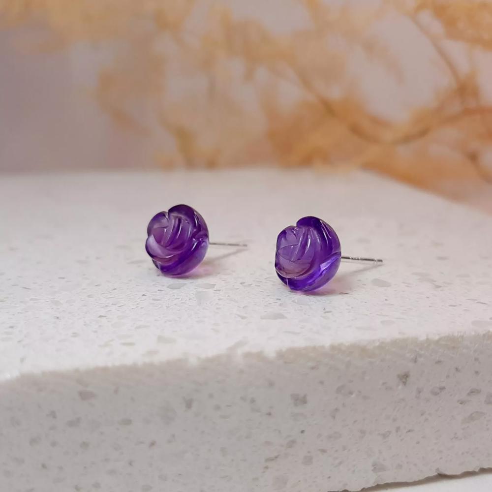 Amethyst Stone Flower Stud Earrings Purple Crystal Post Earrings Sterling Silver