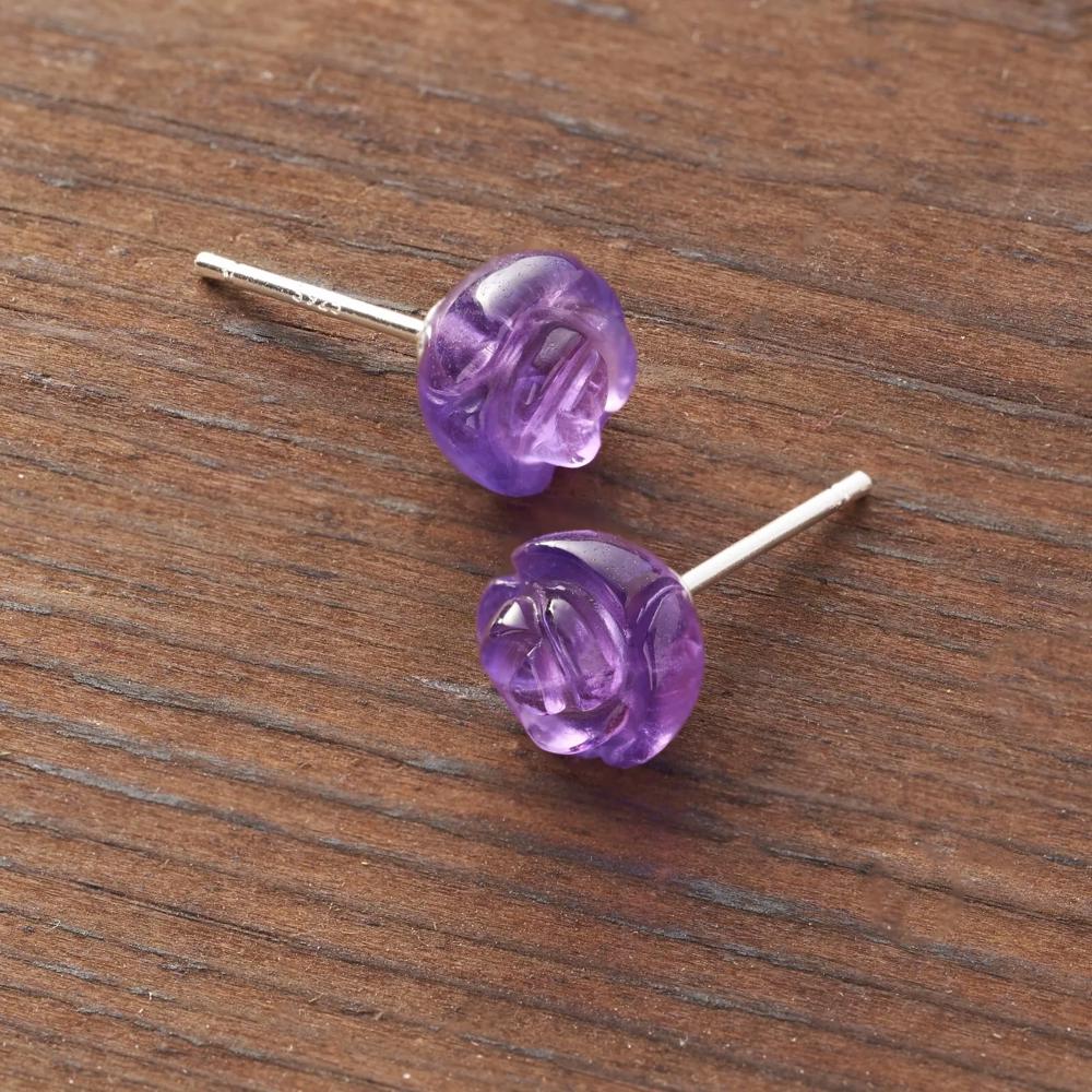 Amethyst Stone Flower Stud Earrings Purple Crystal Post Earrings Sterling Silver