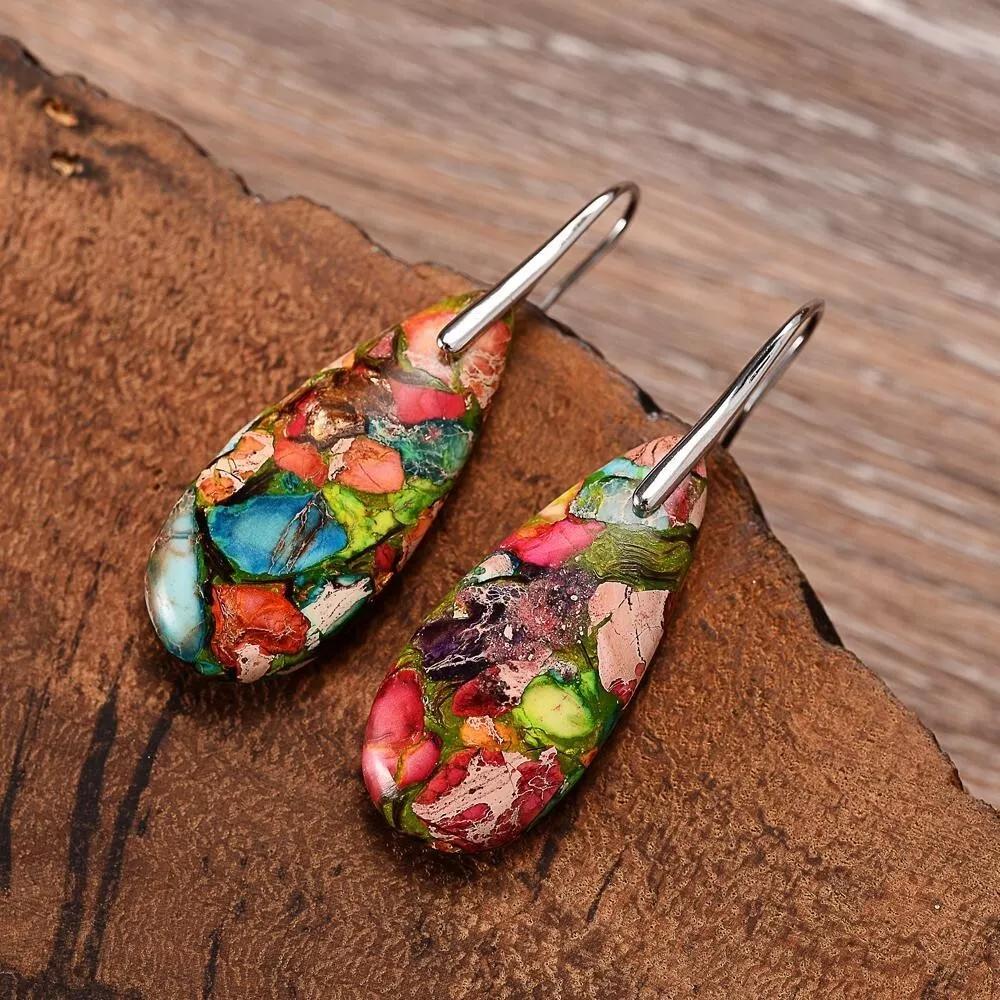 Sea Sediment Jasper Drop Earrings Natural Stone Teardrop Dangle Earrings