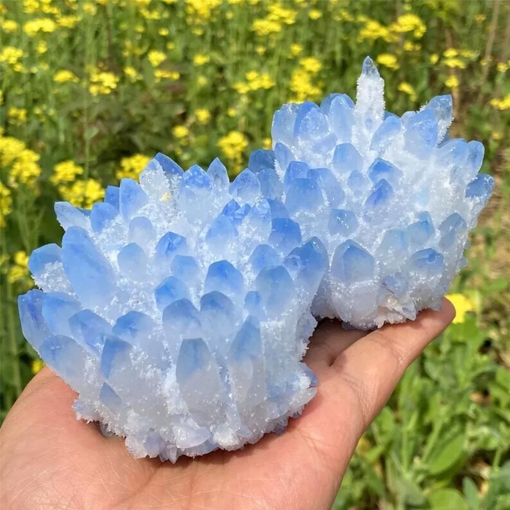 300g+ Aura Sky Blue Phantom Cluster Titanium Geode Quartz Crystal Home Ornaments