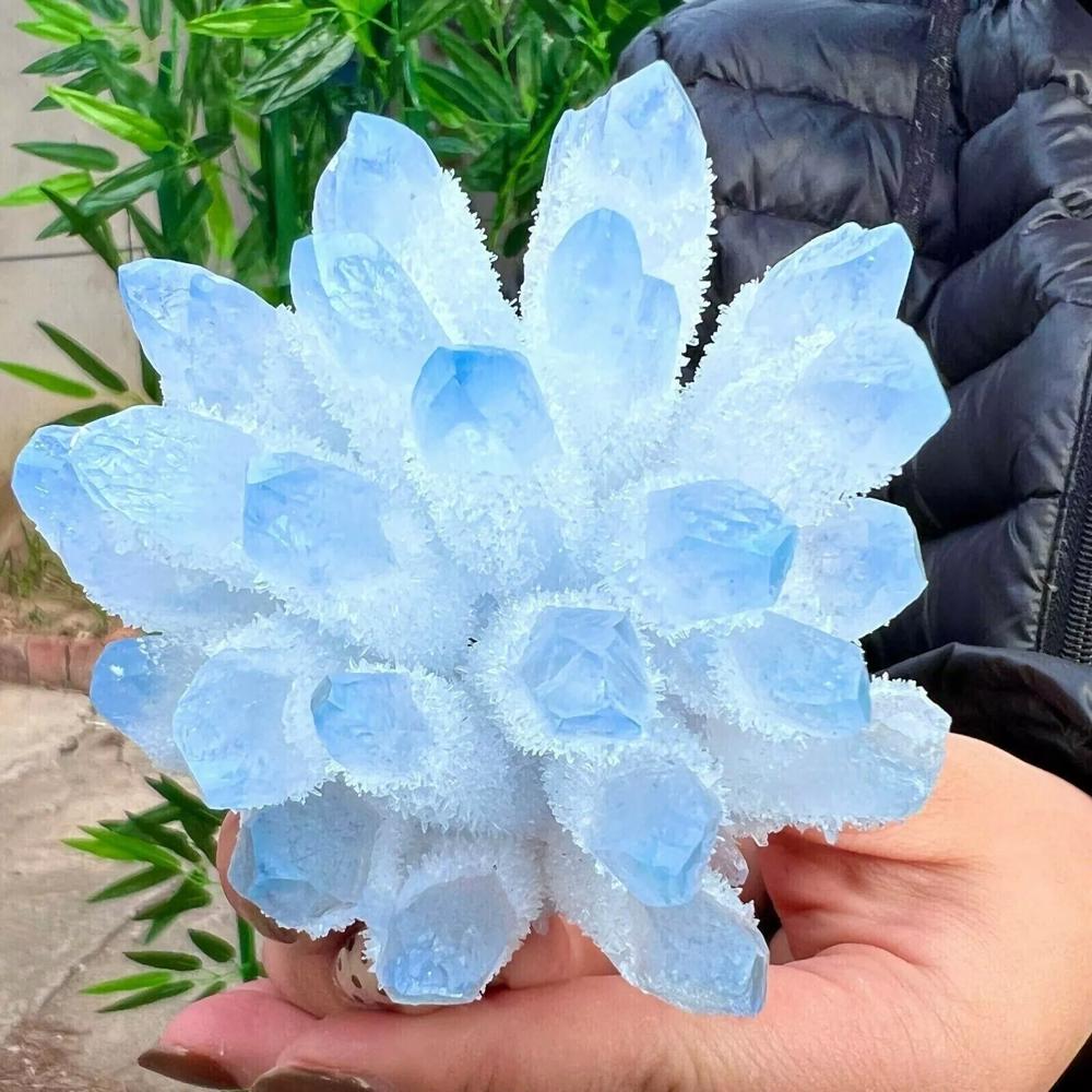 300g+ Aura Sky Blue Phantom Cluster Titanium Geode Quartz Crystal Home Ornaments