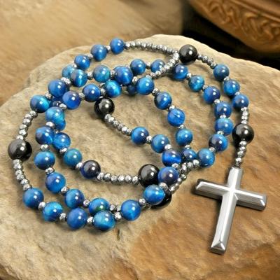 Blue Tiger Eye Black Onyx Black Hematite Cross Gemstone Protection Prayer Necklace for Women Men