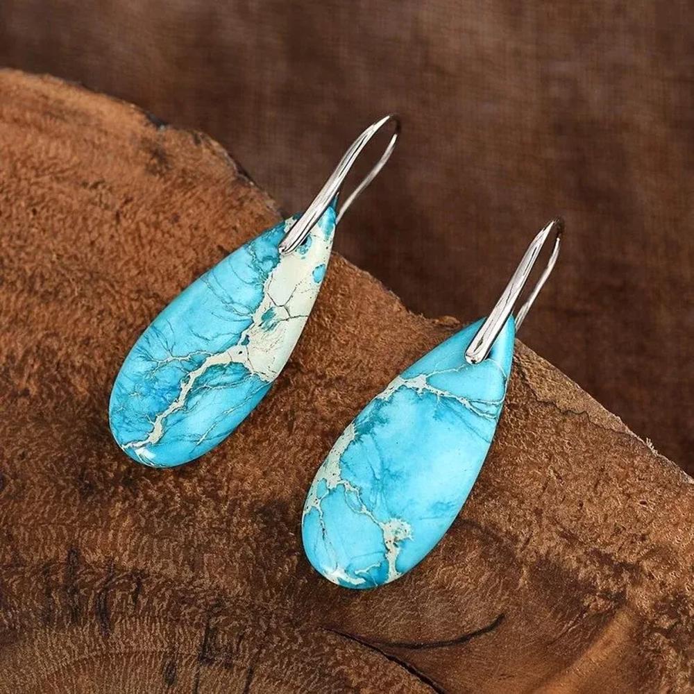 Natural Blue Stone Teardrop Dangle Earrings Blue Gemstone Drop Earrings Boho