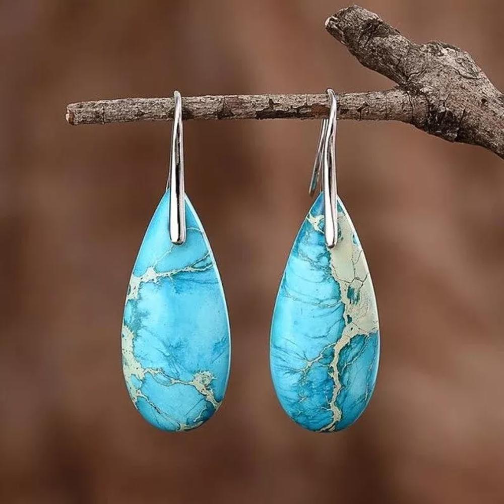 Natural Blue Stone Teardrop Dangle Earrings Blue Gemstone Drop Earrings Boho