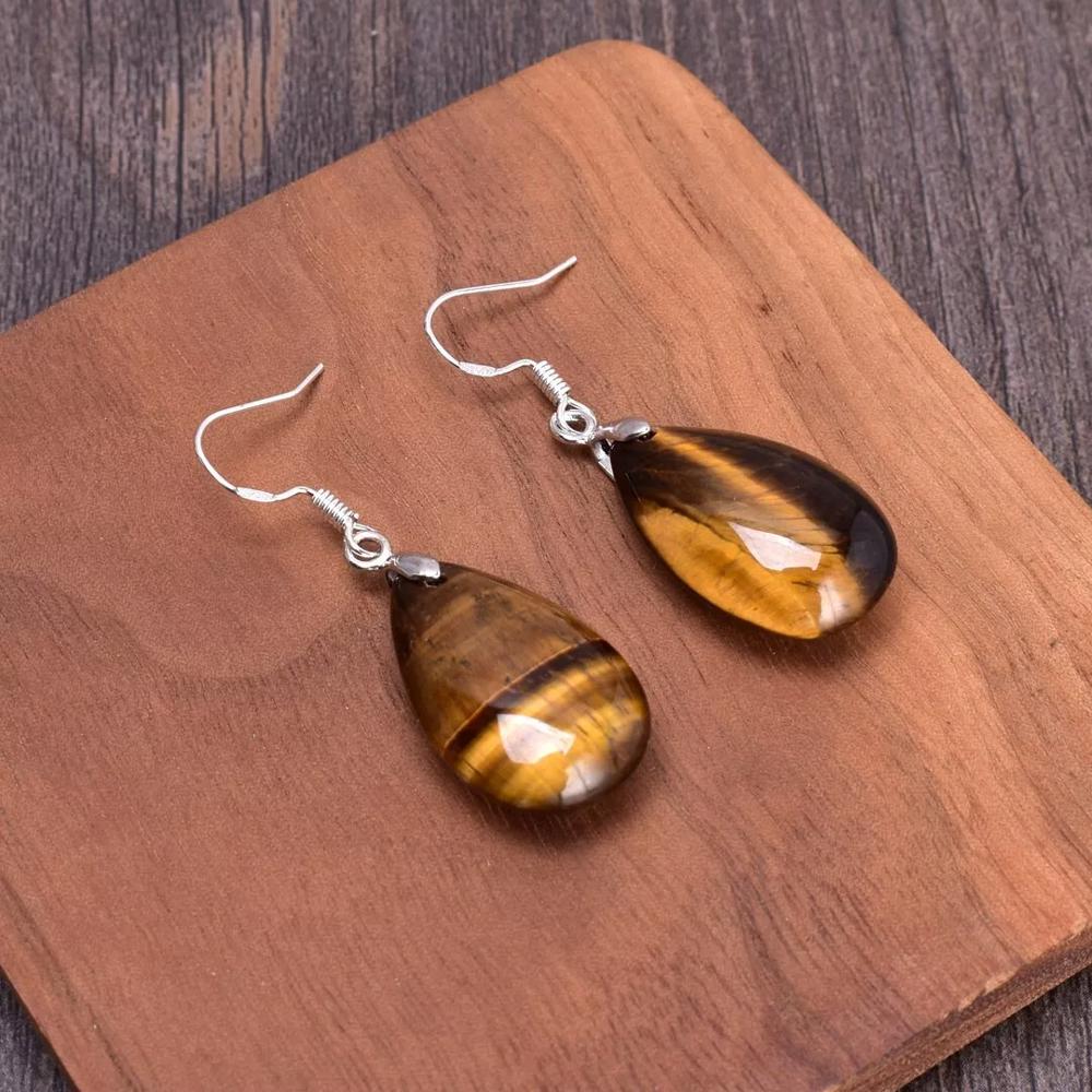 Natural Tiger's Eye Teardrop Dangle Earrings Brown Gemstone Drop Earrings