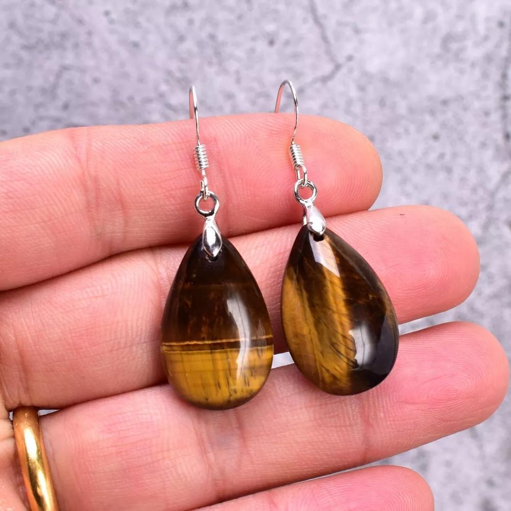 Natural Tiger's Eye Teardrop Dangle Earrings Brown Gemstone Drop Earrings