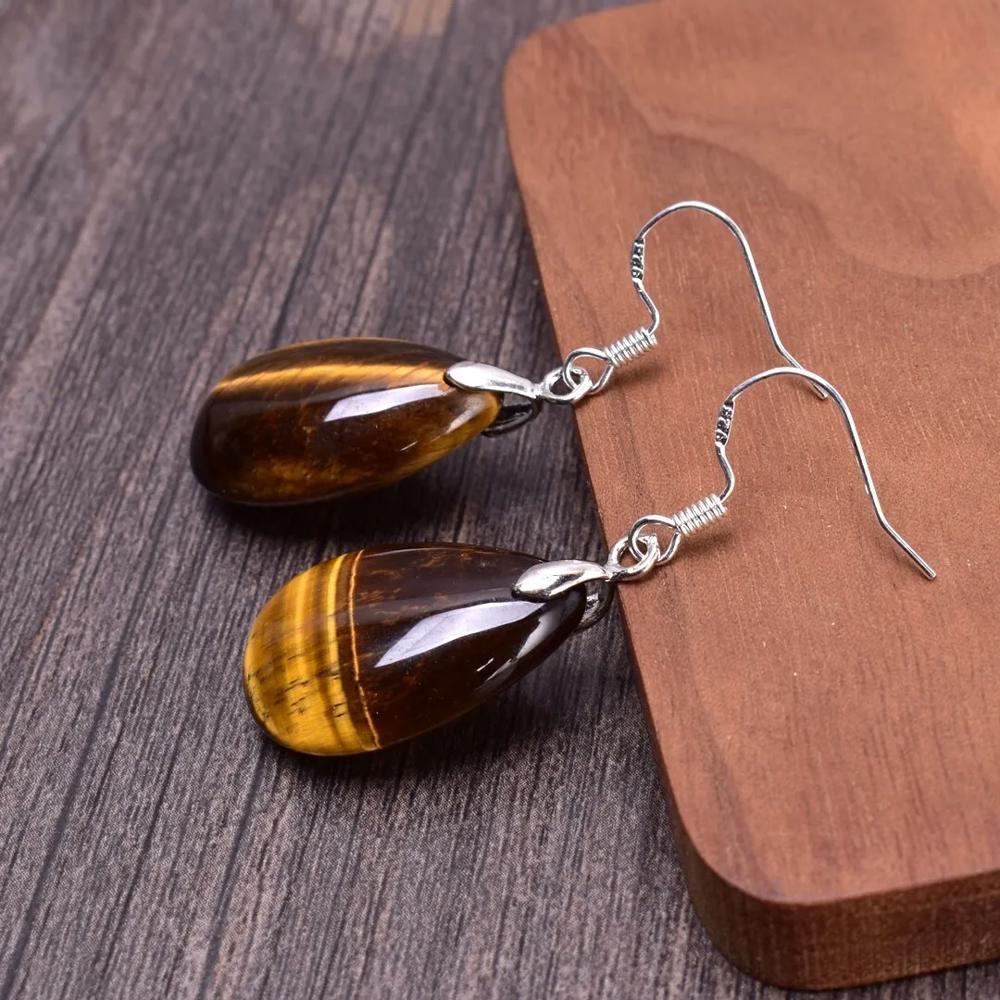 Natural Tiger's Eye Teardrop Dangle Earrings Brown Gemstone Drop Earrings