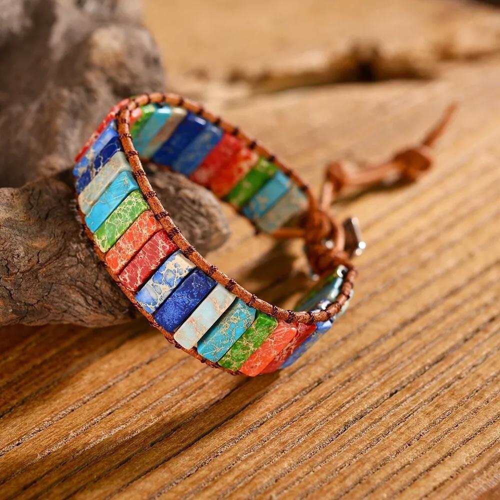 Rainbow Sea Sediment Jasper Natural Gemstone Healing Bohemian Wrap Bracelet Gif