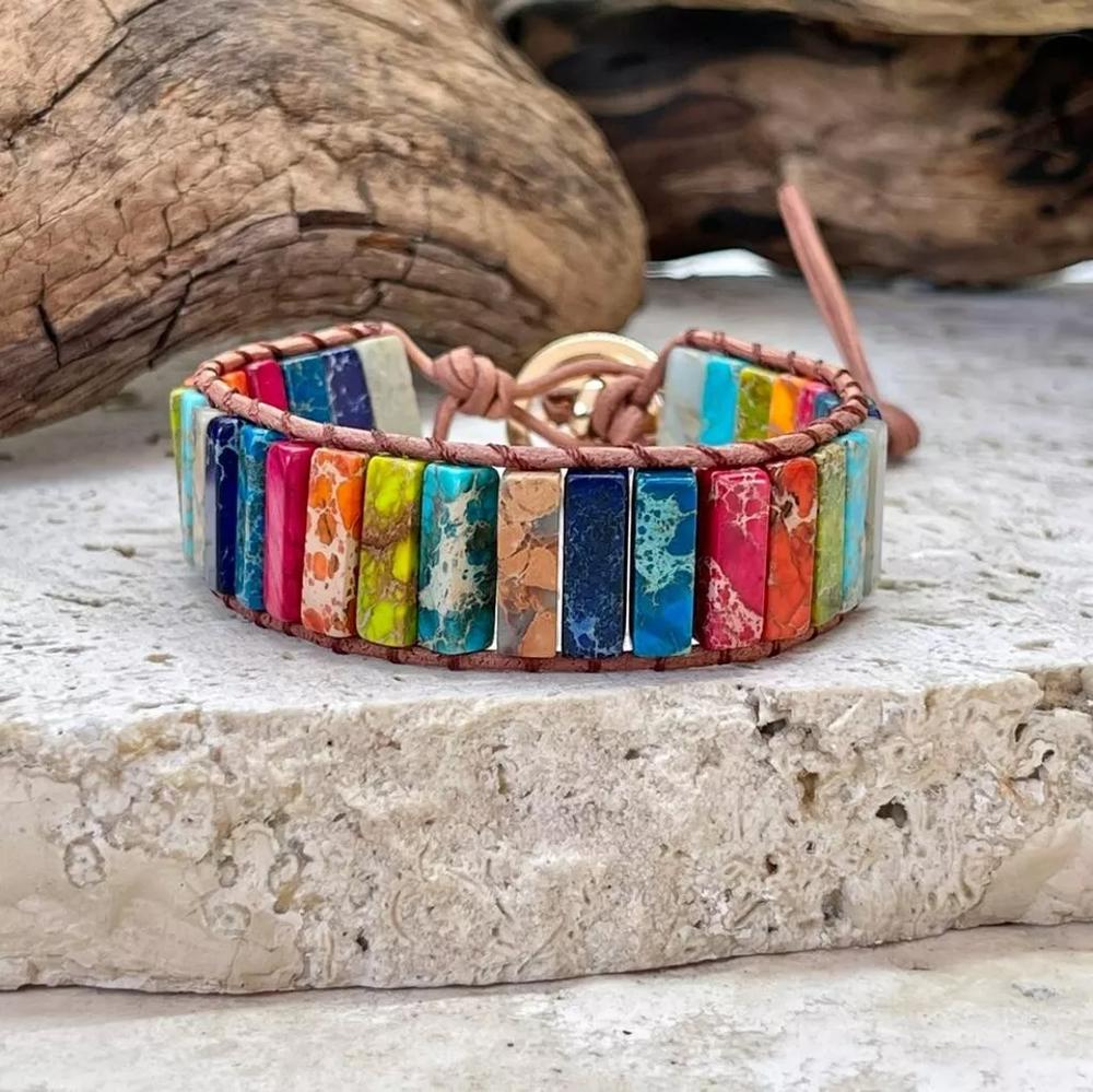 Rainbow Sea Sediment Jasper Natural Gemstone Healing Bohemian Wrap Bracelet Gif