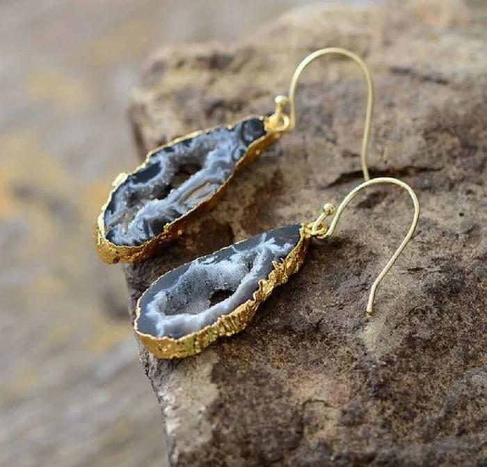 Natural Geode Slice Stone Druzy Agate Dangle Earrings for Strength Inner Peace