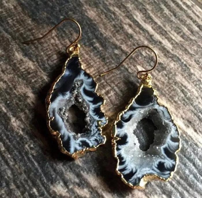 Natural Geode Slice Stone Druzy Agate Dangle Earrings for Strength Inner Peace