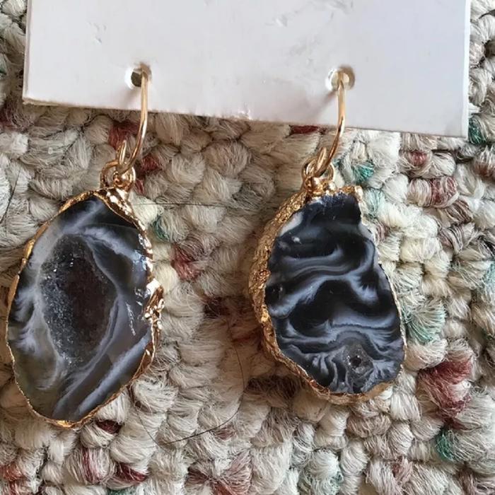 Natural Geode Slice Stone Druzy Agate Dangle Earrings for Strength Inner Peace