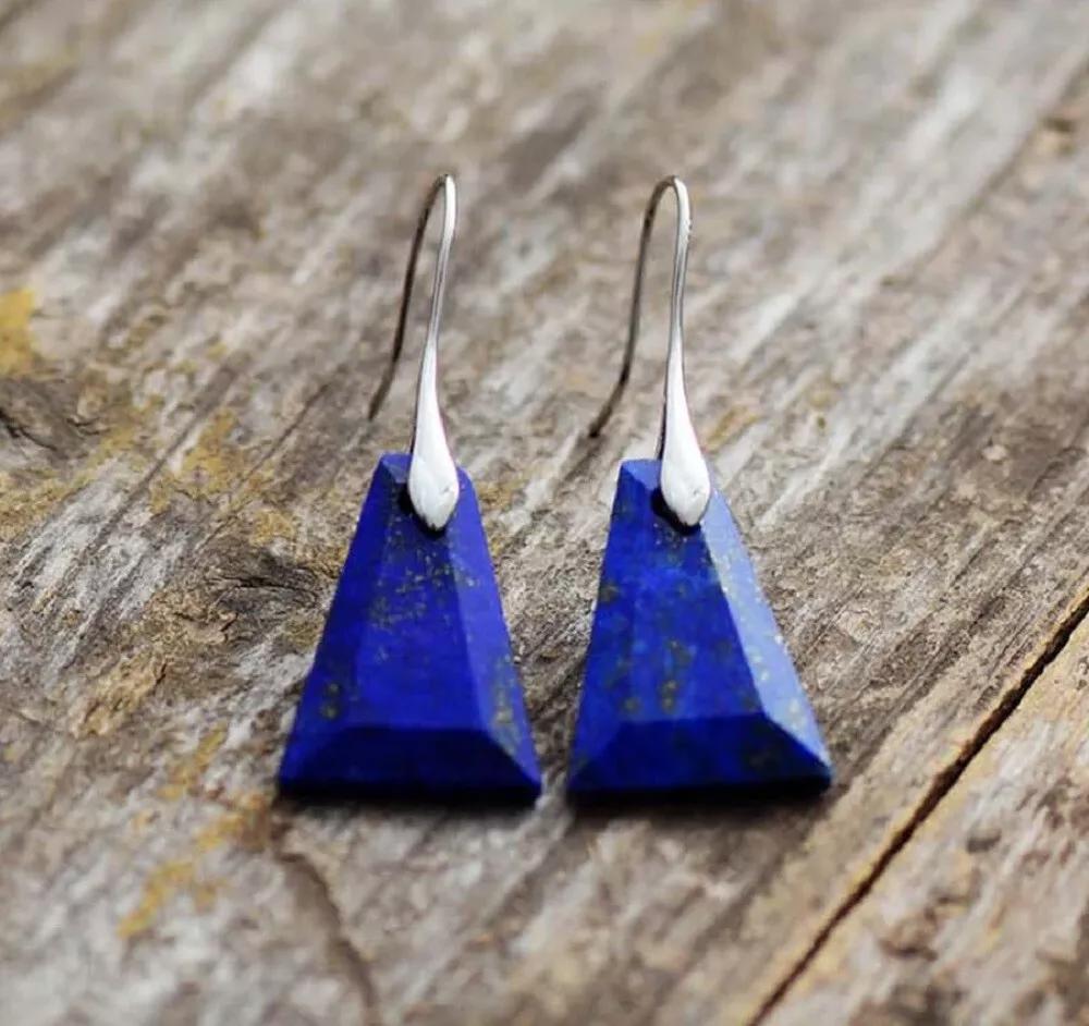 Natural Lapis Lazuli Stone Dangle Earrings Blue Gemstone Drop Earrings Handmade