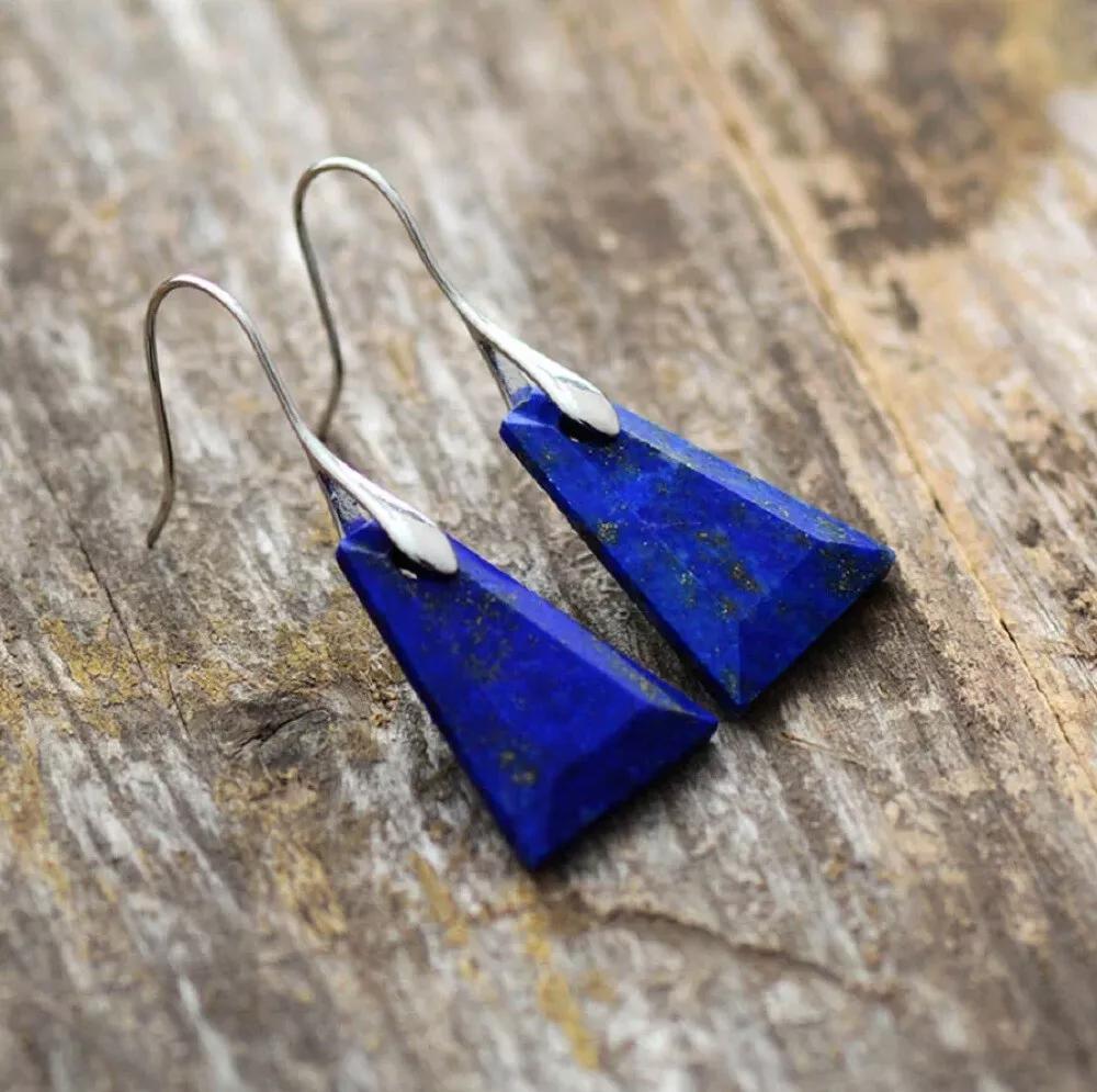 Natural Lapis Lazuli Stone Dangle Earrings Blue Gemstone Drop Earrings Handmade