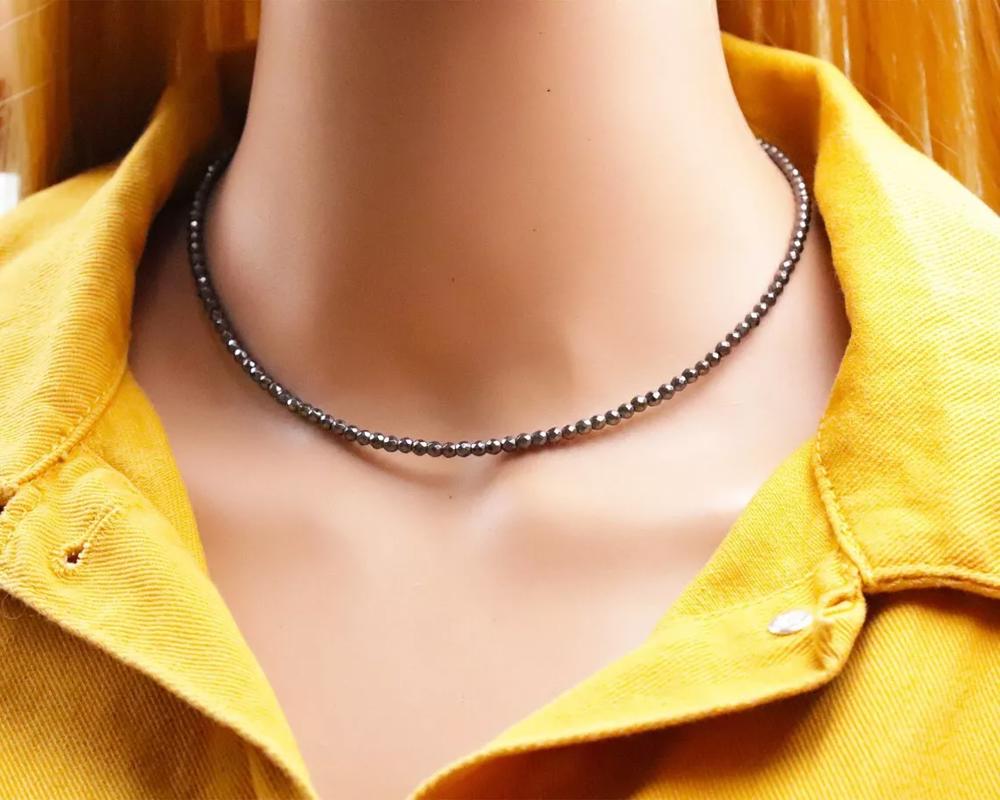 Hematite Bead Necklace for her Delicate Stone Choker Healing Crystal Necklace