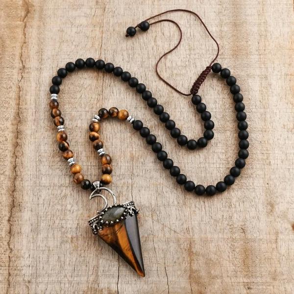 Tiger Eye Onyx Beaded Women Men Pendant Necklace Healing Protection Amulet Gift