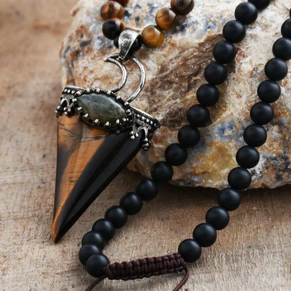 Tiger Eye Onyx Beaded Women Men Pendant Necklace Healing Protection Amulet Gift