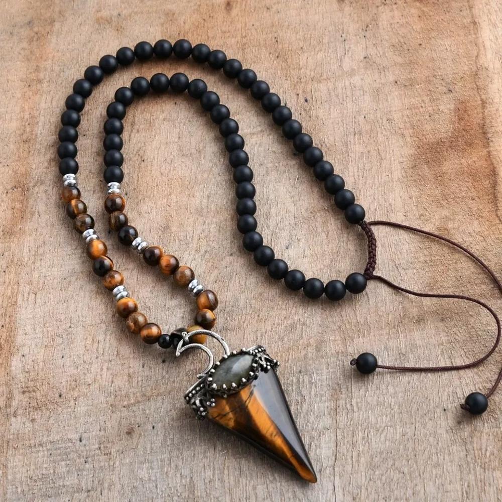 Tiger Eye Onyx Beaded Women Men Pendant Necklace Healing Protection Amulet Gift