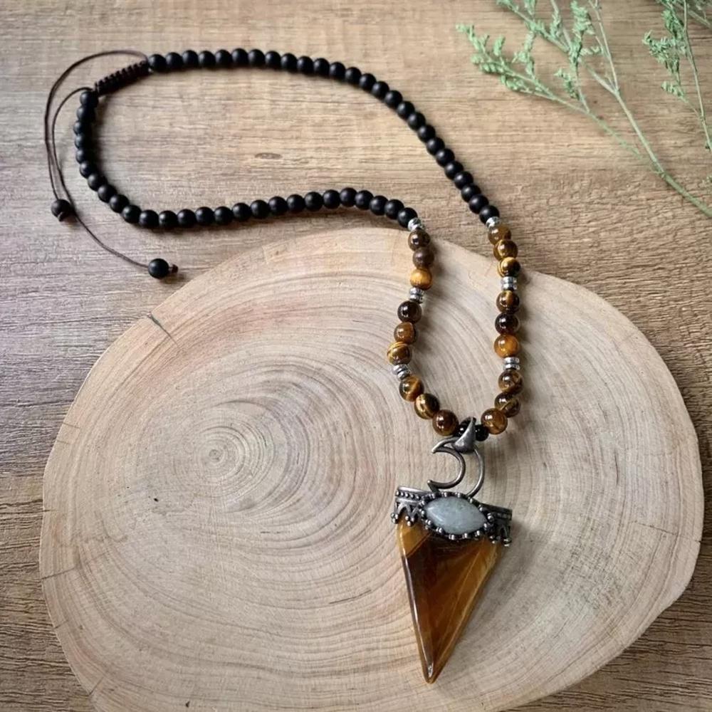 Tiger Eye Onyx Beaded Women Men Pendant Necklace Healing Protection Amulet Gift