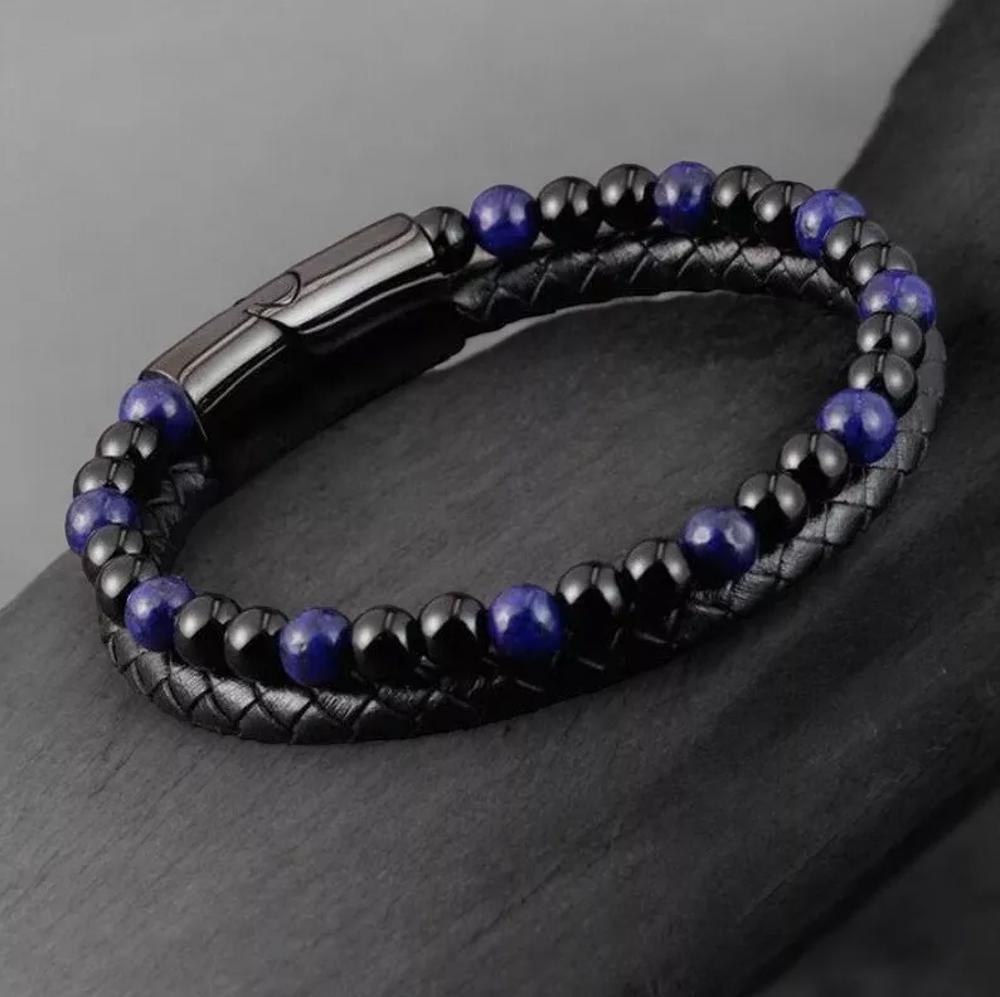 Men's Leather Bracelet Obsidian Lapis Lazuli Bracelet Magnetic Gift for him 8 inches