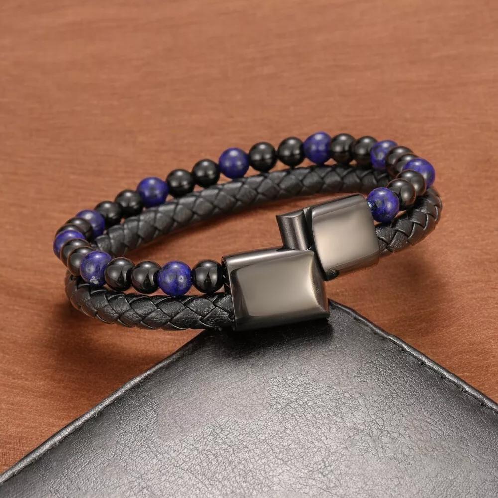 Men's Leather Bracelet Obsidian Lapis Lazuli Bracelet Magnetic Gift for him 8 inches