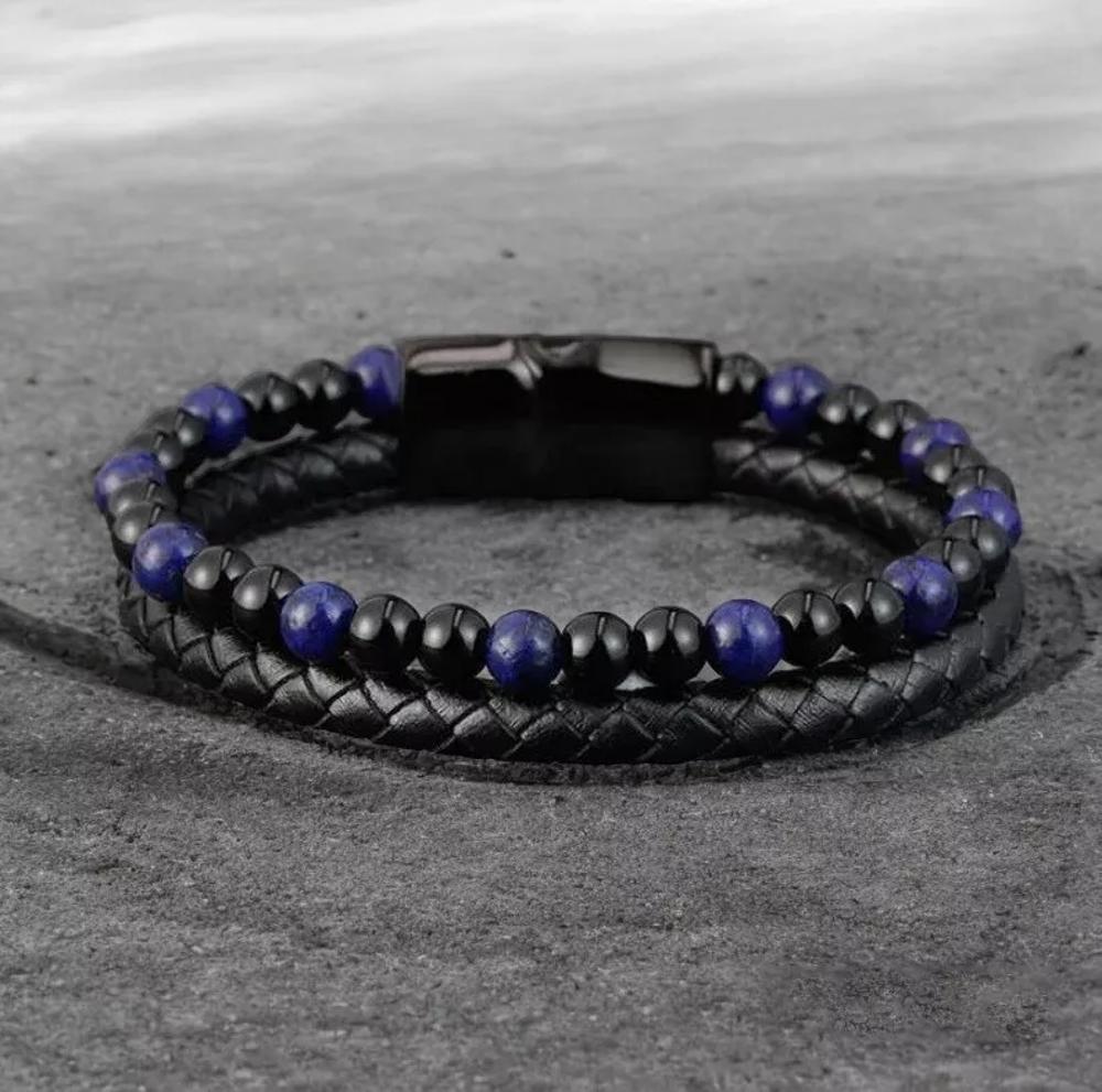 Men's Leather Bracelet Obsidian Lapis Lazuli Bracelet Magnetic Gift for him 8 inches