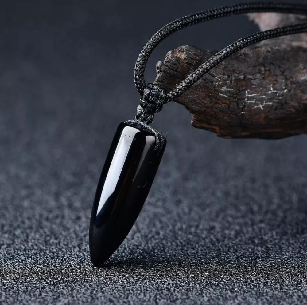 Natural Black Obsidian Bullet Point Pendant Healing Amulet Unisex Men Necklace