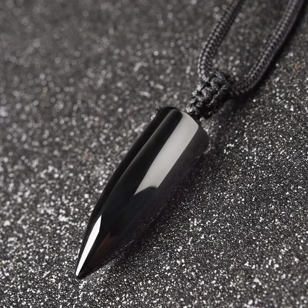 Natural Black Obsidian Bullet Point Pendant Healing Amulet Unisex Men Necklace