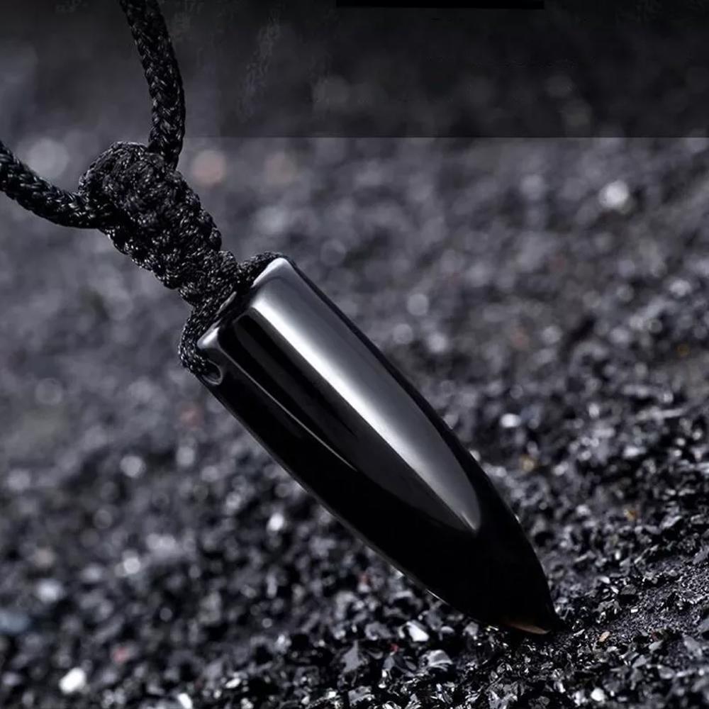 Natural Black Obsidian Bullet Point Pendant Healing Amulet Unisex Men Necklace