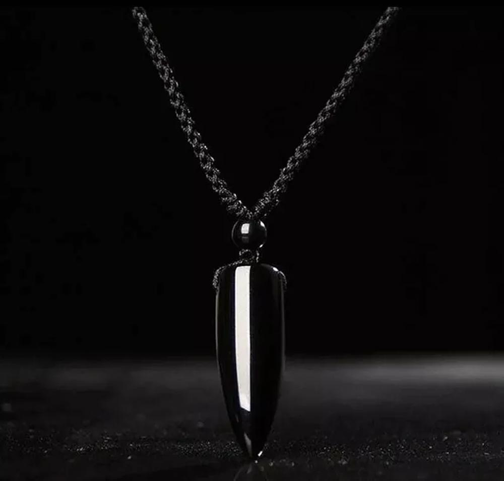 Natural Black Obsidian Bullet Point Pendant Healing Amulet Unisex Men Necklace