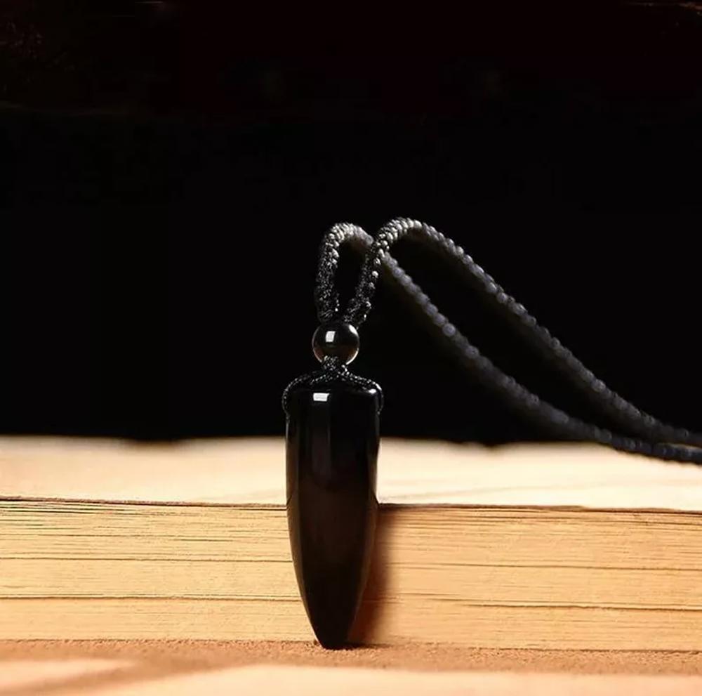 Natural Black Obsidian Bullet Point Pendant Healing Amulet Unisex Men Necklace