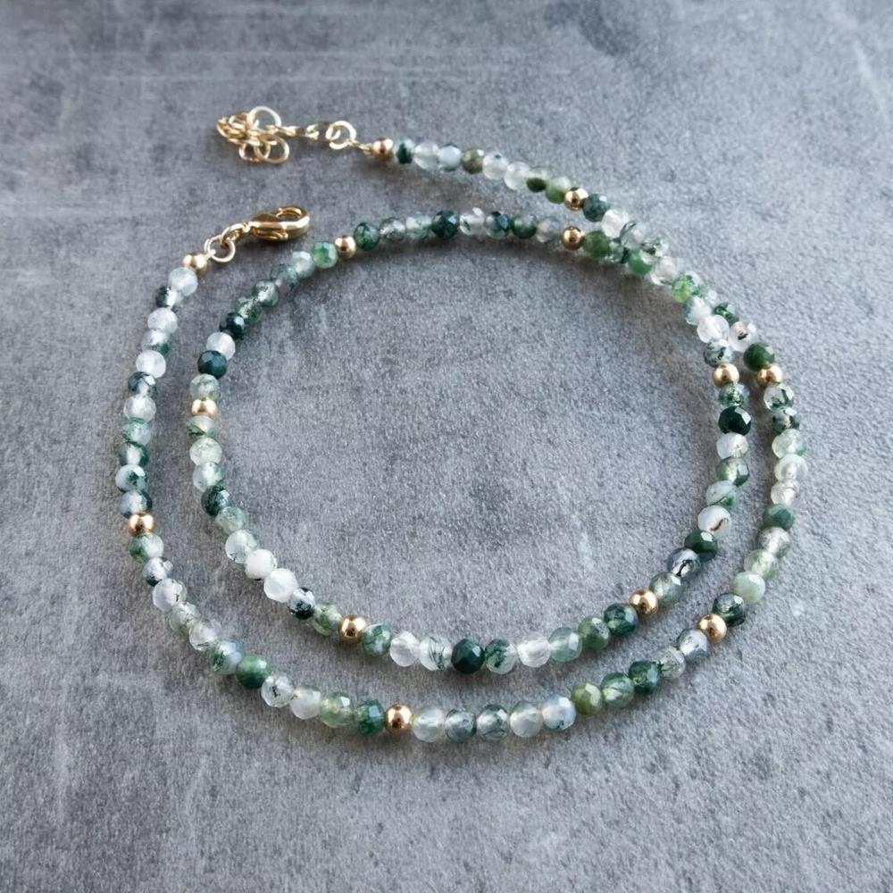 Natural Moss Agate Stone Beaded Necklace Green Agate Choker Healing Crystal