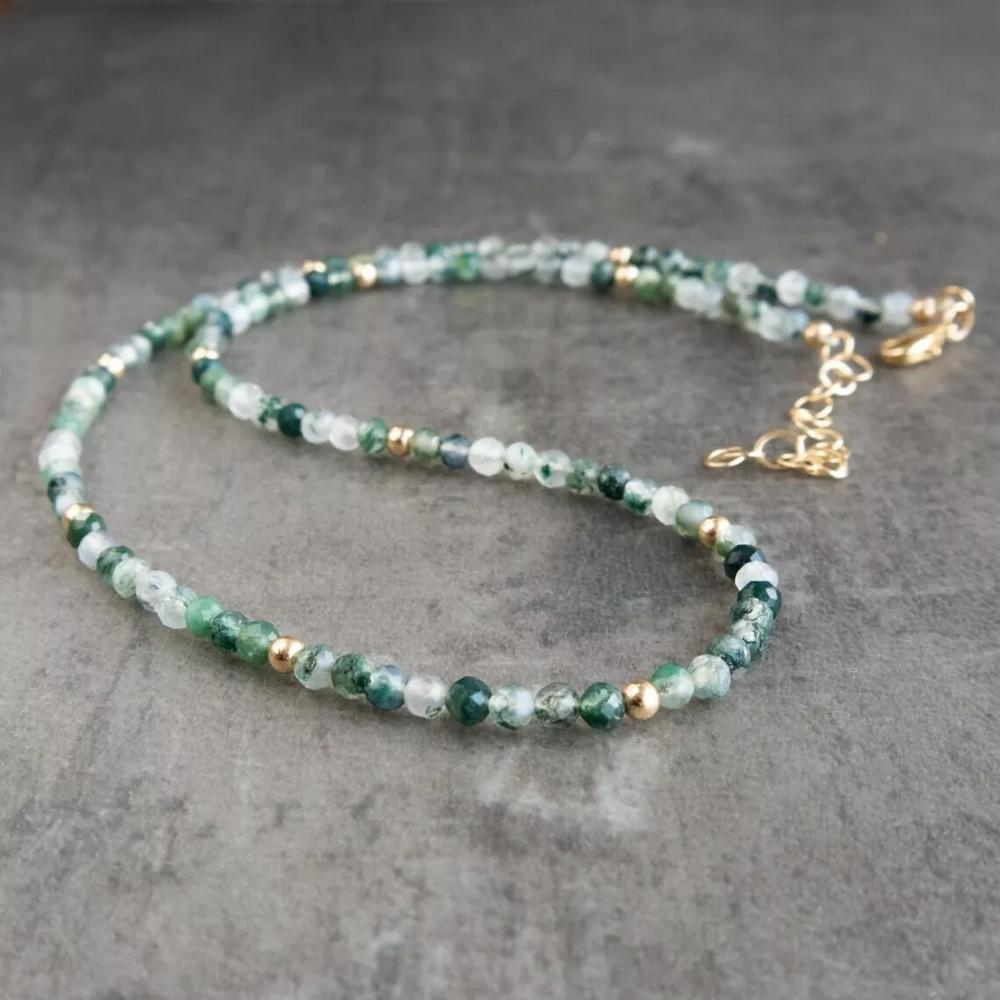 Natural Moss Agate Stone Beaded Necklace Green Agate Choker Healing Crystal