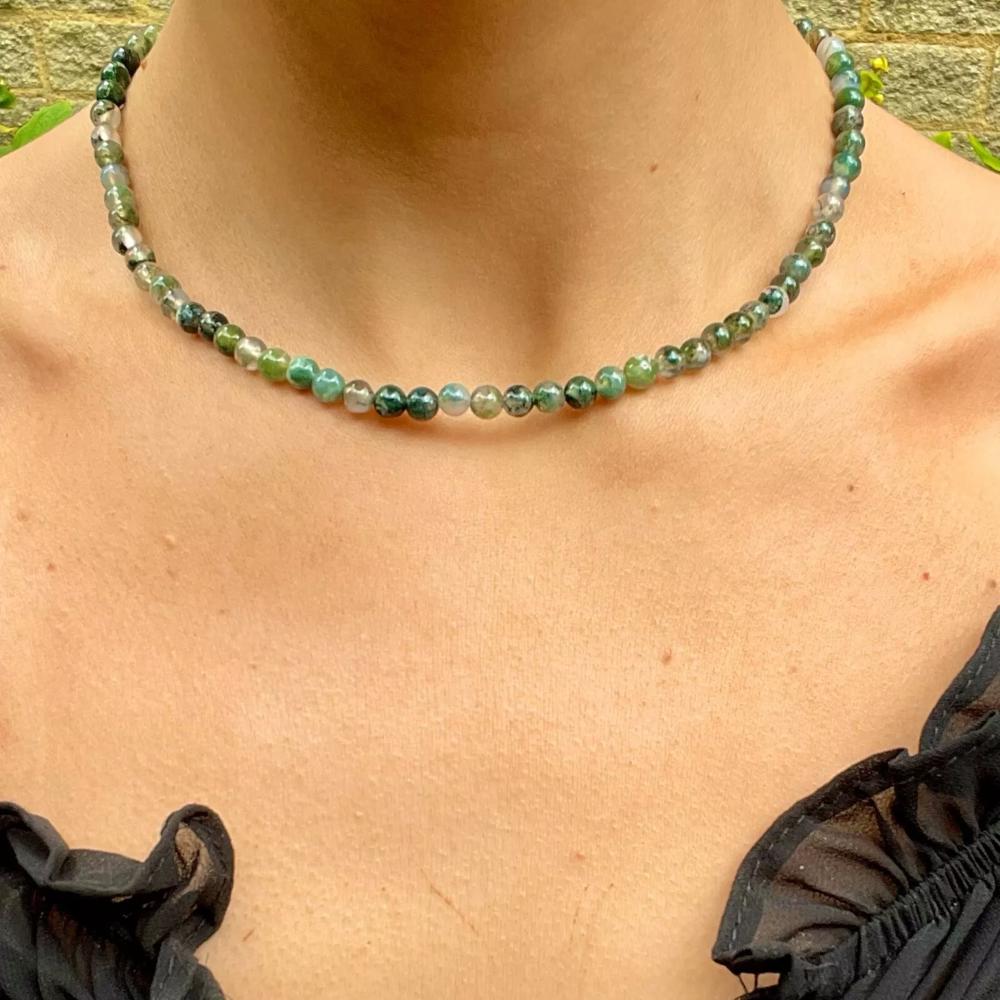 Natural Moss Agate Stone Beaded Necklace Green Agate Choker Healing Crystal