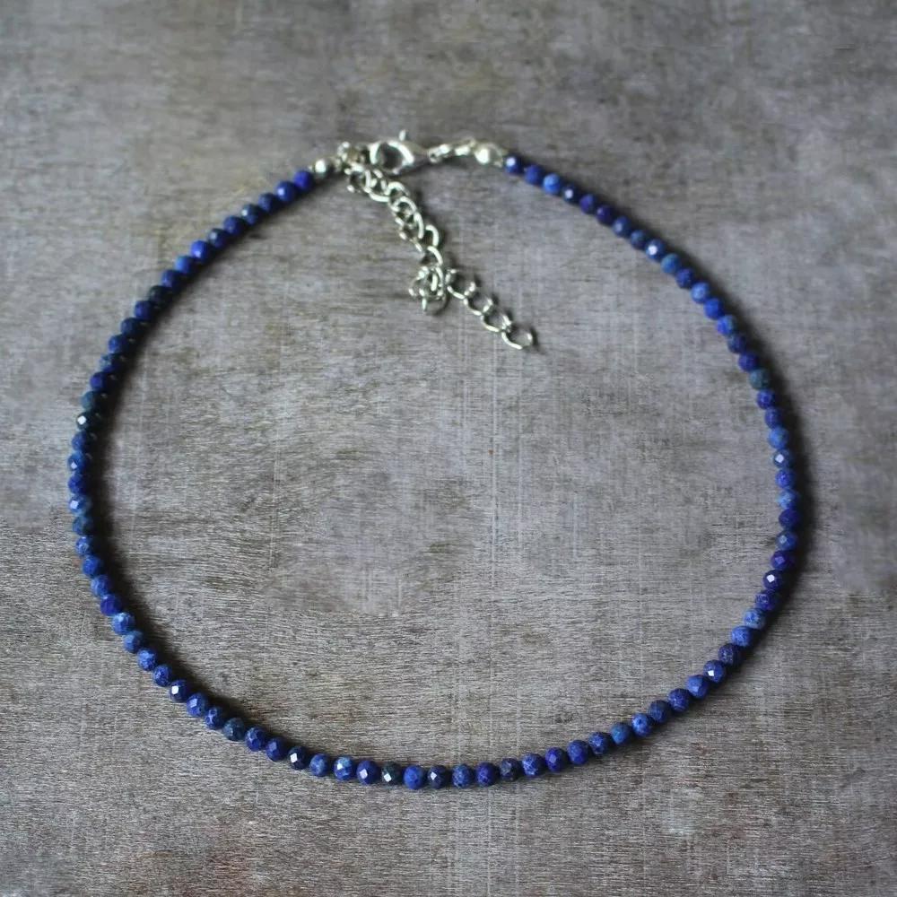 Natural Blue Lapis Beaded Necklace Lapis Lazuli Stone Choker Healing Crystal